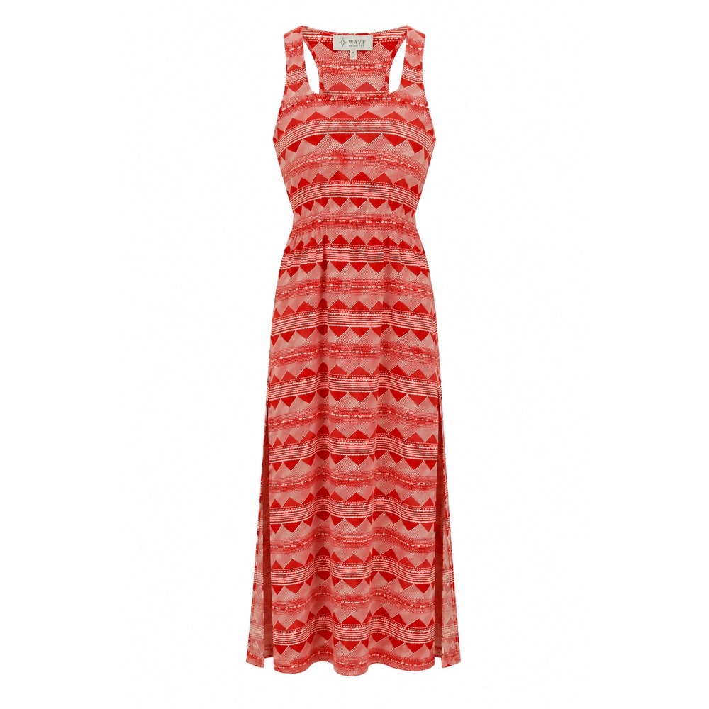 WAYF Sleeveless Maxi Dress Red Orange Geometric Chevron Racerback Side Slits M